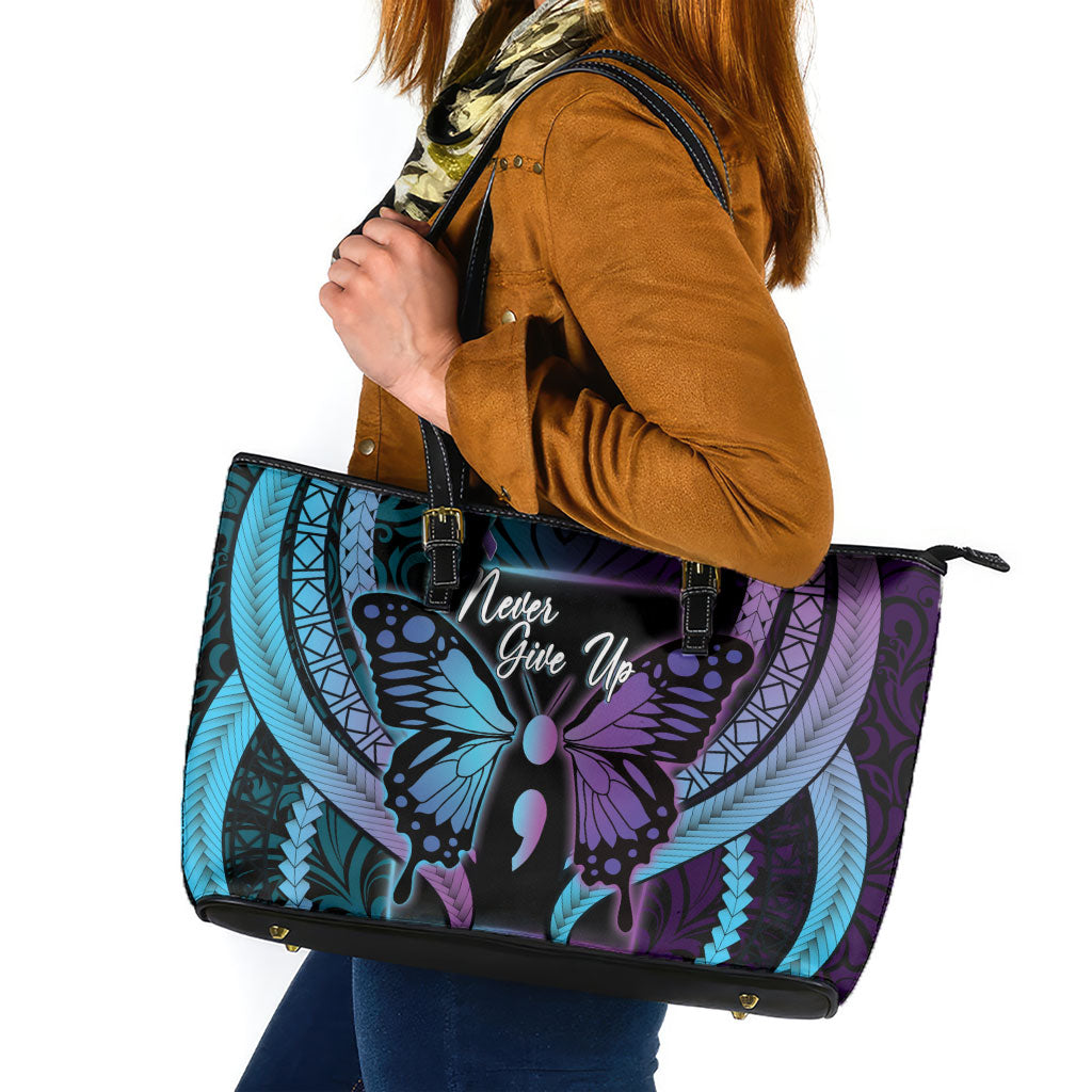 Polynesia Suicide Prevention Month Leather Tote Bag Semicolon Butterfly Never Give Up Polynesian Pattern