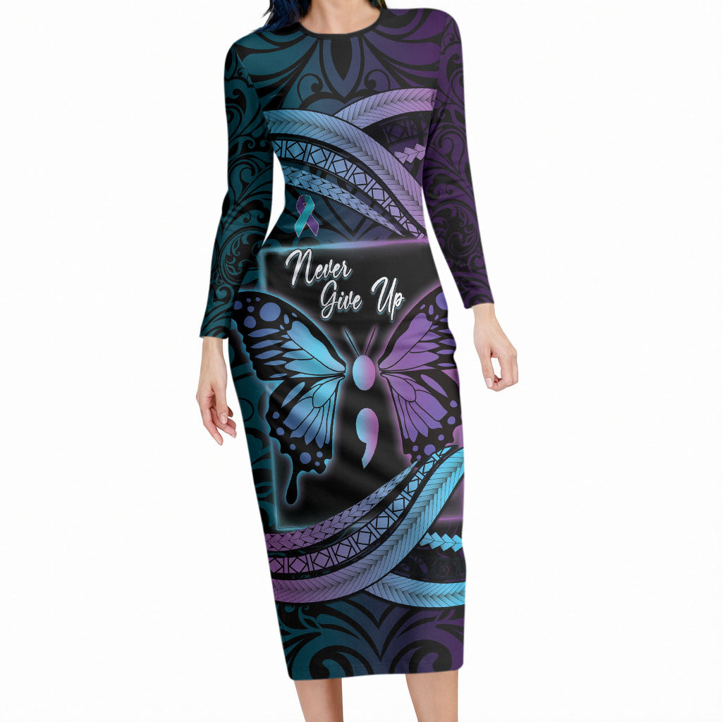 Personalised Polynesia Suicide Prevention Month Long Sleeve Bodycon Dress Semicolon Butterfly Never Give Up Polynesian Pattern