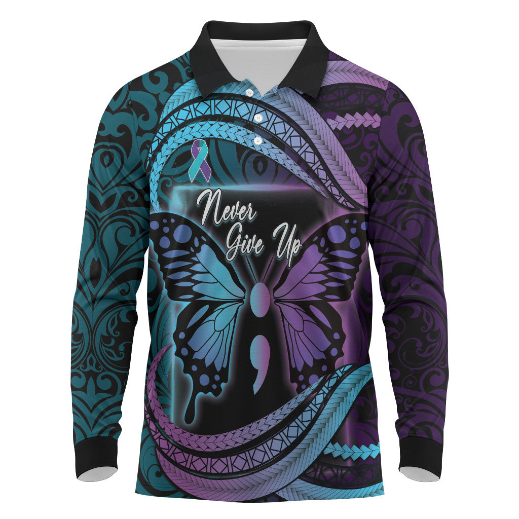 Personalised Polynesia Suicide Prevention Month Long Sleeve Polo Shirt Semicolon Butterfly Never Give Up Polynesian Pattern
