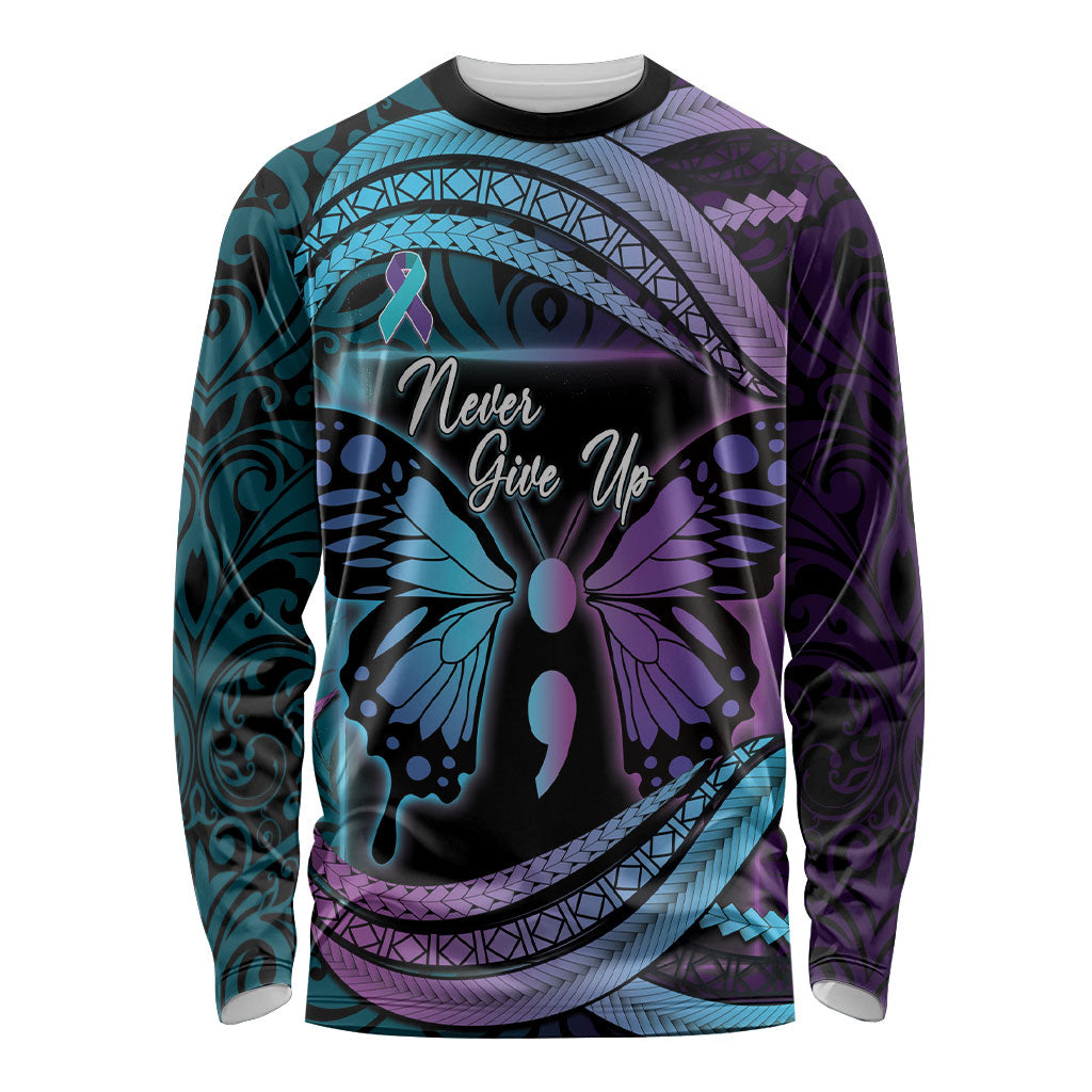 Personalised Polynesia Suicide Prevention Month Long Sleeve Shirt Semicolon Butterfly Never Give Up Polynesian Pattern