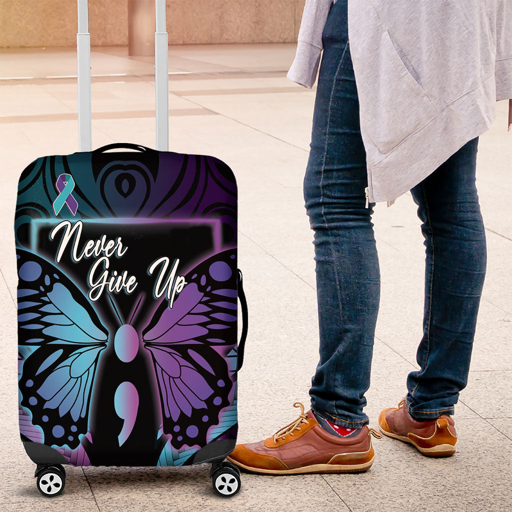 Polynesia Suicide Prevention Month Luggage Cover Semicolon Butterfly Never Give Up Polynesian Pattern