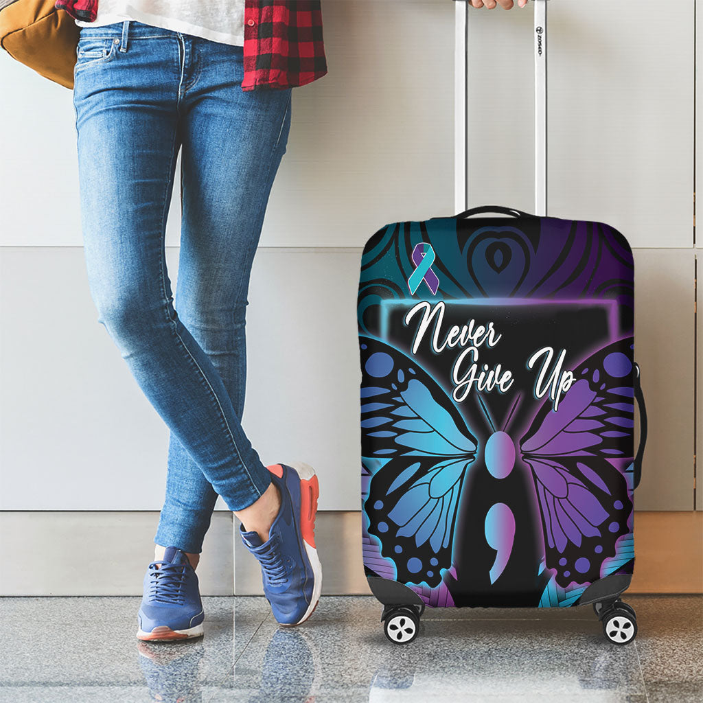 Polynesia Suicide Prevention Month Luggage Cover Semicolon Butterfly Never Give Up Polynesian Pattern LT22 - Polynesian Pride
