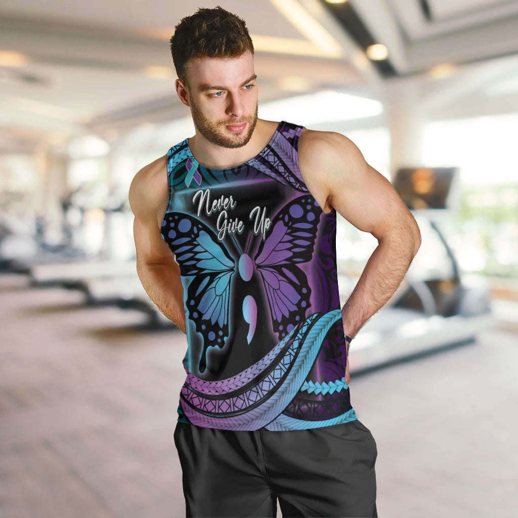 Personalised Polynesia Suicide Prevention Month Men Tank Top Semicolon Butterfly Never Give Up Polynesian Pattern