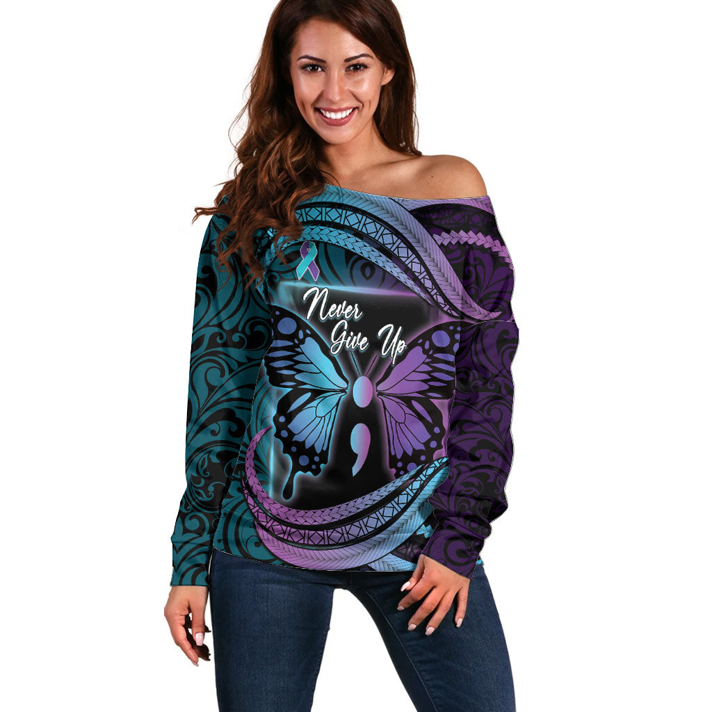 Personalised Polynesia Suicide Prevention Month Off Shoulder Sweater Semicolon Butterfly Never Give Up Polynesian Pattern