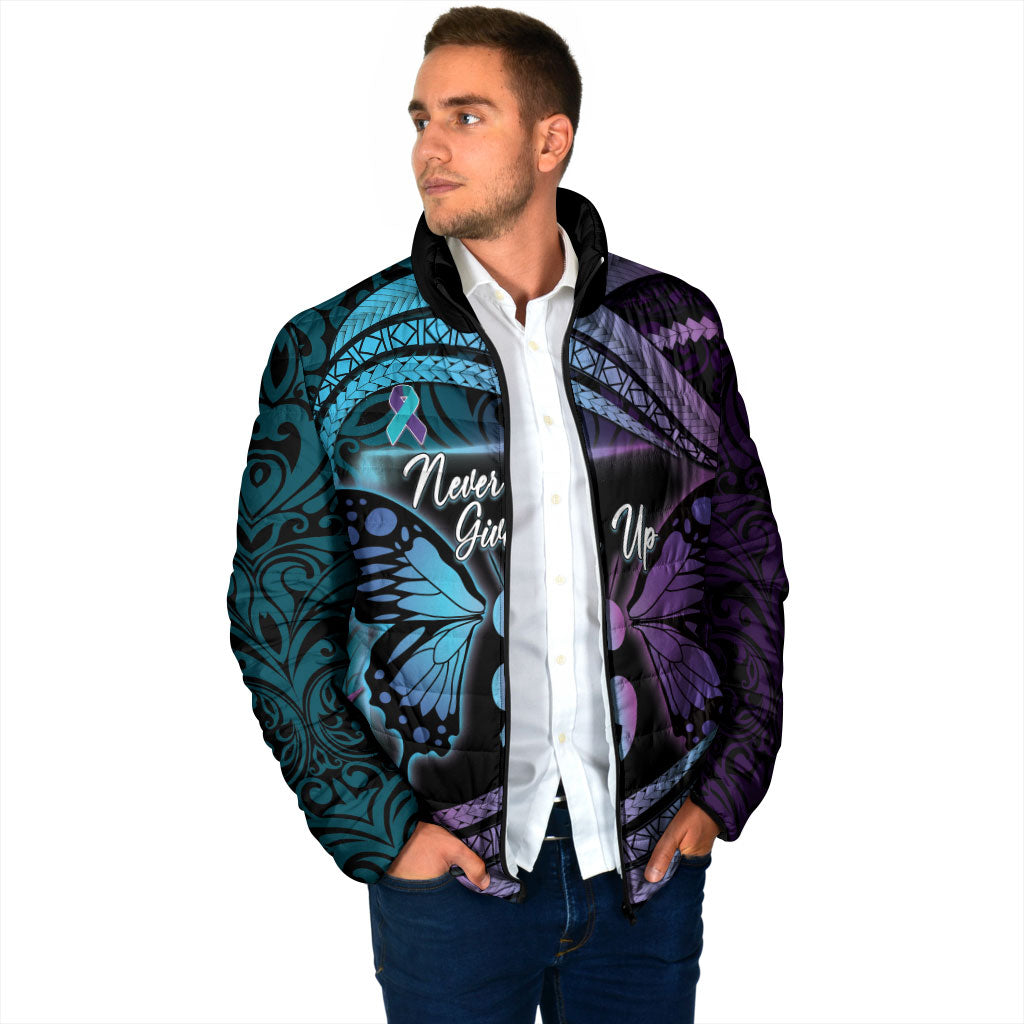 Personalised Polynesia Suicide Prevention Month Padded Jacket Semicolon Butterfly Never Give Up Polynesian Pattern LT22 - Polynesian Pride