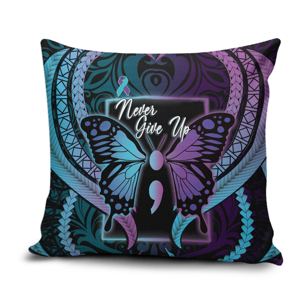 Polynesia Suicide Prevention Month Pillow Cover Semicolon Butterfly Never Give Up Polynesian Pattern