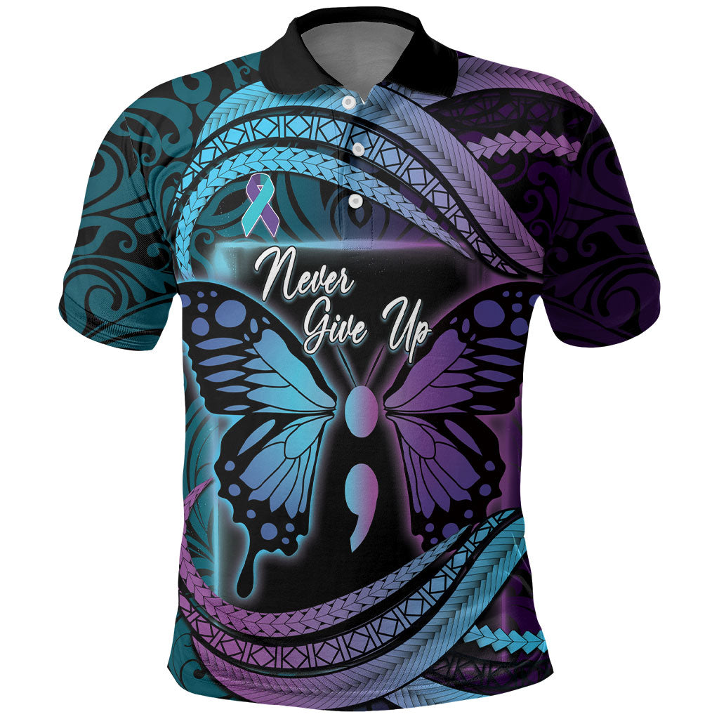 Personalised Polynesia Suicide Prevention Month Polo Shirt Semicolon Butterfly Never Give Up Polynesian Pattern