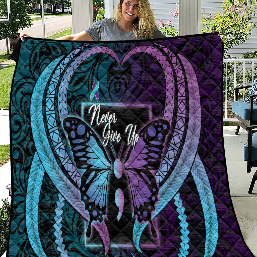 Polynesia Suicide Prevention Month Quilt Semicolon Butterfly Never Give Up Polynesian Pattern LT22 Teal - Polynesian Pride