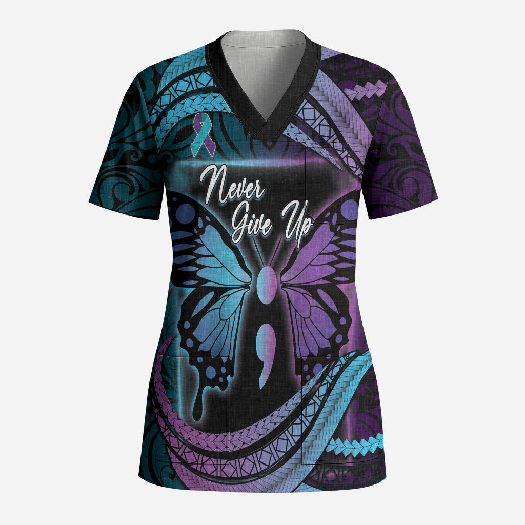 Personalised Polynesia Suicide Prevention Month Scrub Top Semicolon Butterfly Never Give Up Polynesian Pattern LT22 Adult Teal - Polynesian Pride