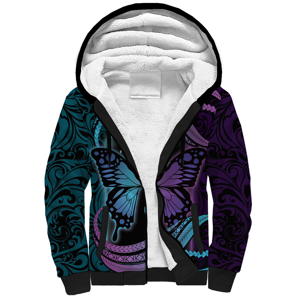 Personalised Polynesia Suicide Prevention Month Sherpa Hoodie Semicolon Butterfly Never Give Up Polynesian Pattern