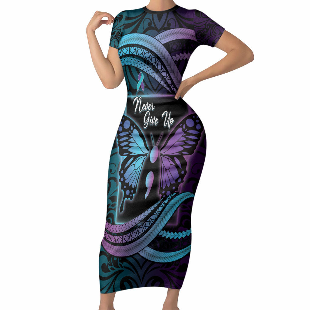 Personalised Polynesia Suicide Prevention Month Short Sleeve Bodycon Dress Semicolon Butterfly Never Give Up Polynesian Pattern