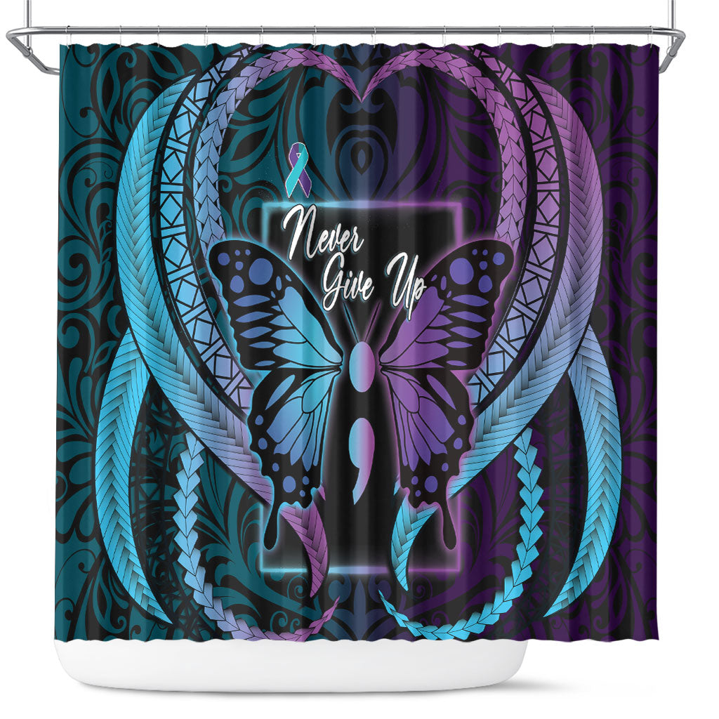 Polynesia Suicide Prevention Month Shower Curtain Semicolon Butterfly Never Give Up Polynesian Pattern