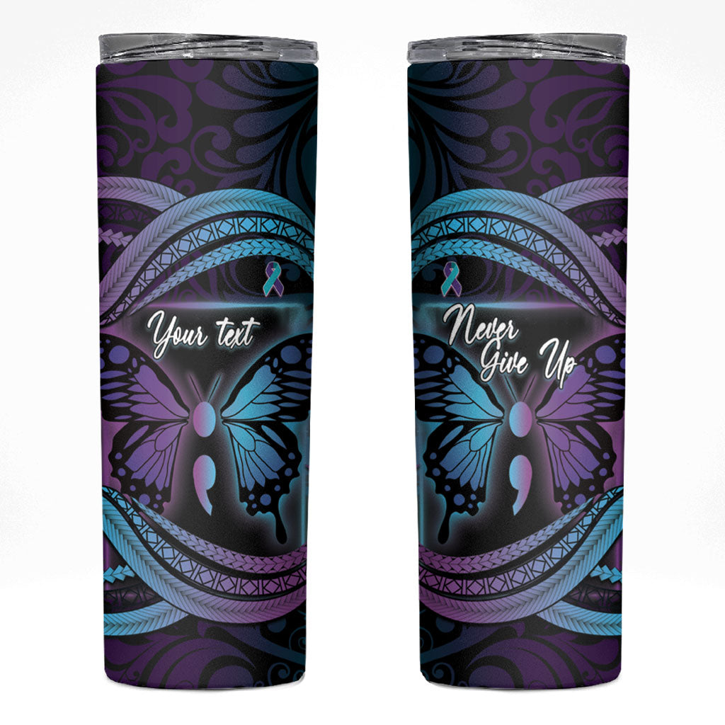 Personalised Polynesia Suicide Prevention Month Skinny Tumbler Semicolon Butterfly Never Give Up Polynesian Pattern