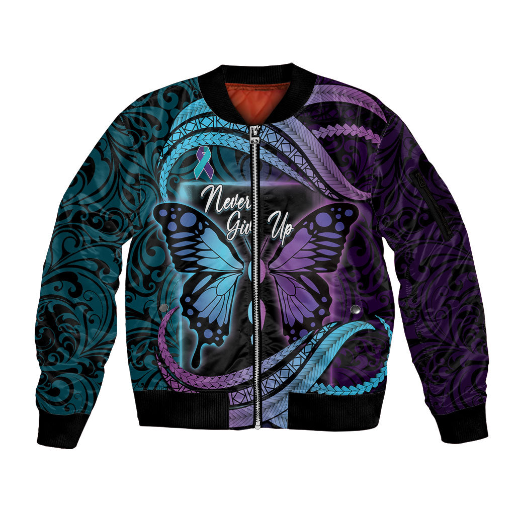 Personalised Polynesia Suicide Prevention Month Sleeve Zip Bomber Jacket Semicolon Butterfly Never Give Up Polynesian Pattern