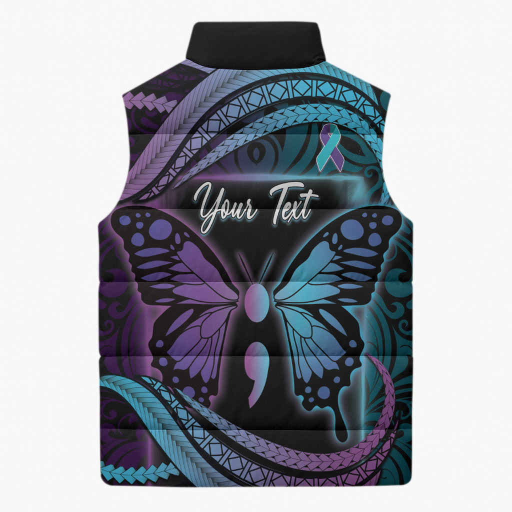 Personalised Polynesia Suicide Prevention Month Sleeveless Puffer Jacket Semicolon Butterfly Never Give Up Polynesian Pattern LT22 - Polynesian Pride
