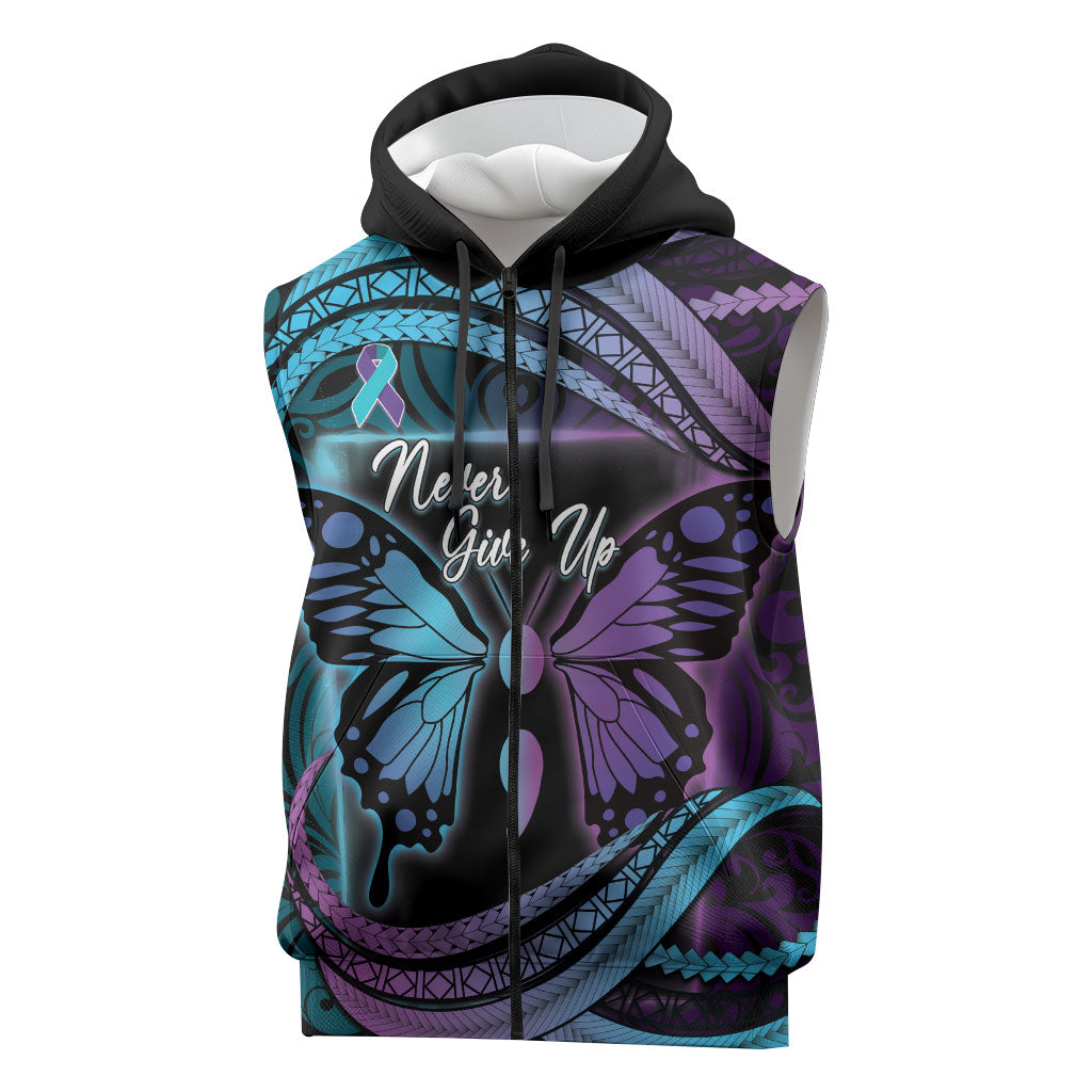 Personalised Polynesia Suicide Prevention Month Sleeveless Zip Hoodie Semicolon Butterfly Never Give Up Polynesian Pattern