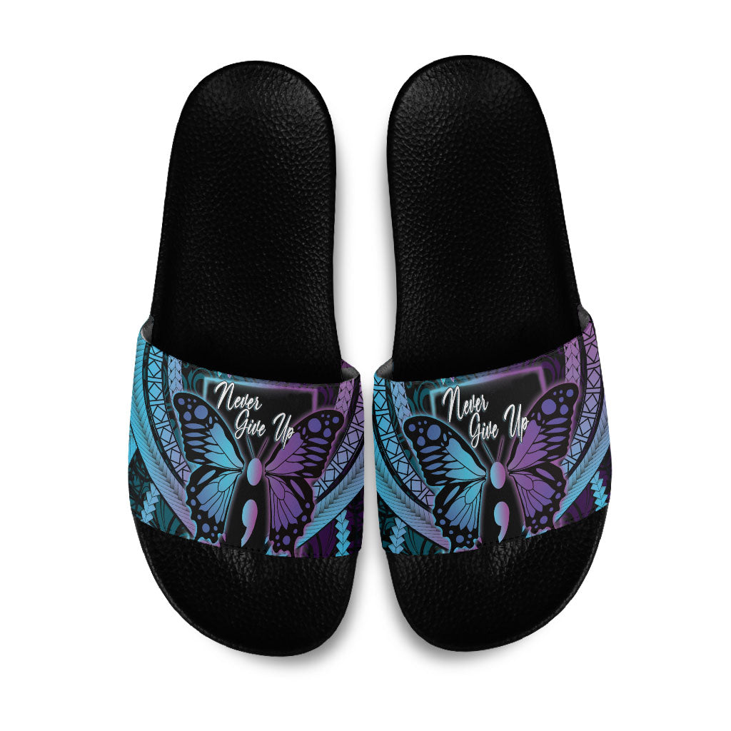 Polynesia Suicide Prevention Month Slide Sandals Semicolon Butterfly Never Give Up Polynesian Pattern