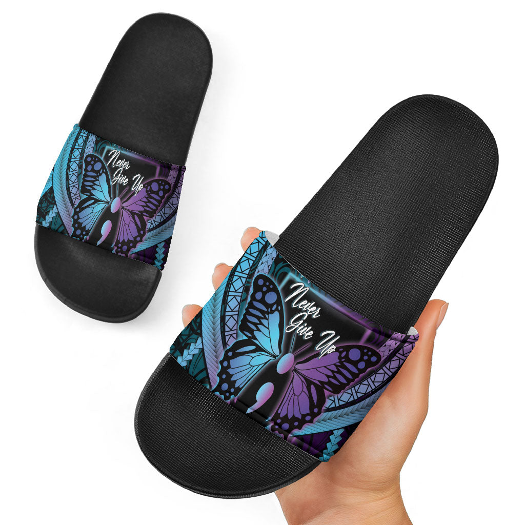 Polynesia Suicide Prevention Month Slide Sandals Semicolon Butterfly Never Give Up Polynesian Pattern LT22 - Polynesian Pride