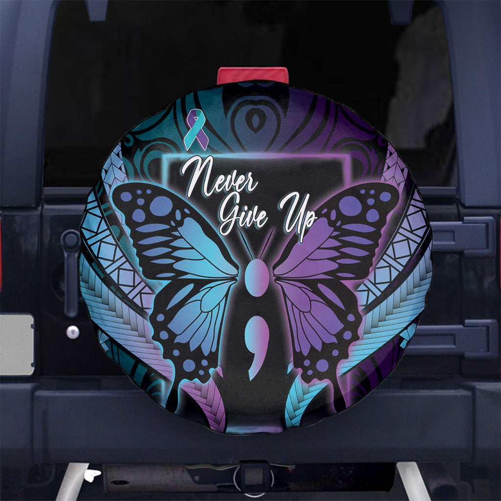 Polynesia Suicide Prevention Month Spare Tire Cover Semicolon Butterfly Never Give Up Polynesian Pattern