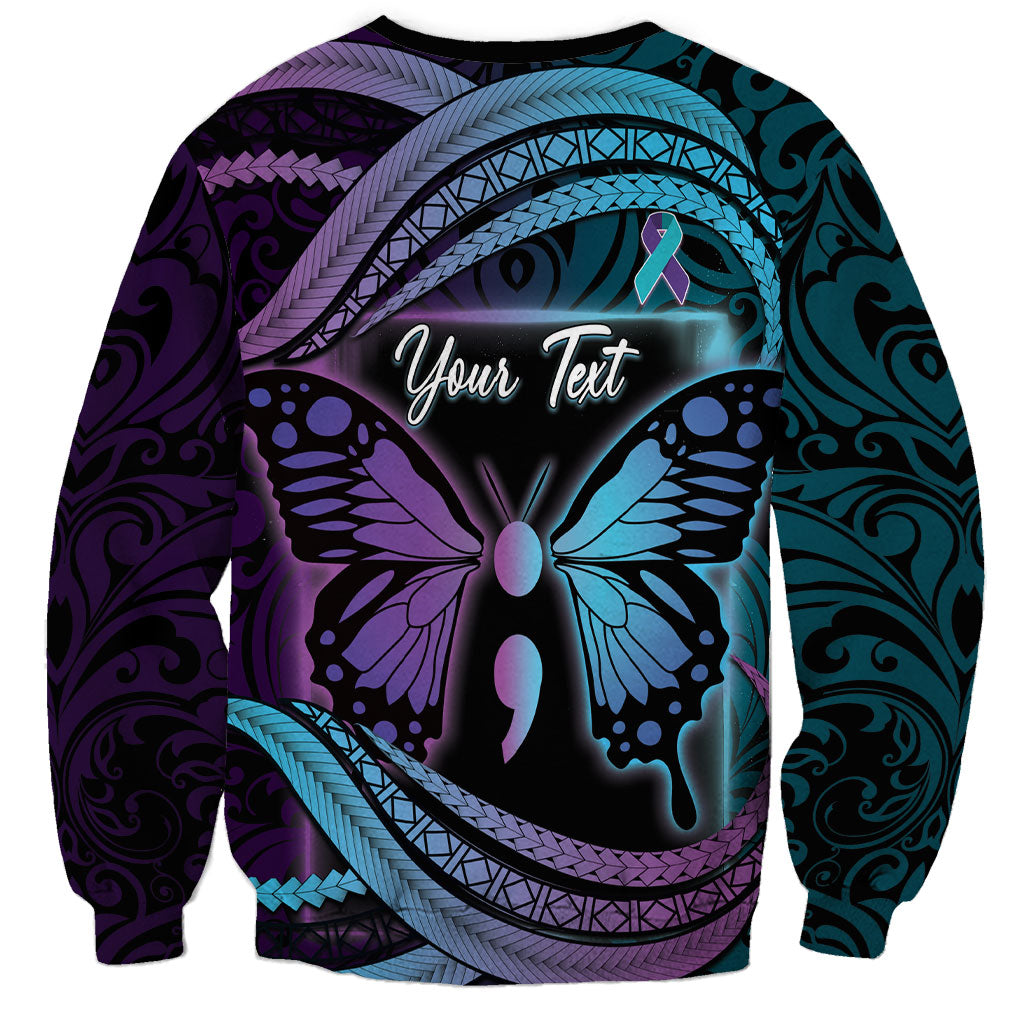 Personalised Polynesia Suicide Prevention Month Sweatshirt Semicolon Butterfly Never Give Up Polynesian Pattern LT22 - Polynesian Pride