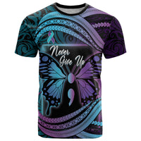 Personalised Polynesia Suicide Prevention Month T Shirt Semicolon Butterfly Never Give Up Polynesian Pattern LT22 Teal - Polynesian Pride