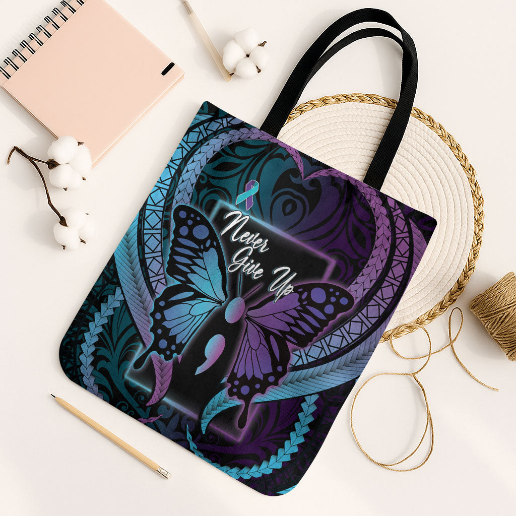 Polynesia Suicide Prevention Month Tote Bag Semicolon Butterfly Never Give Up Polynesian Pattern