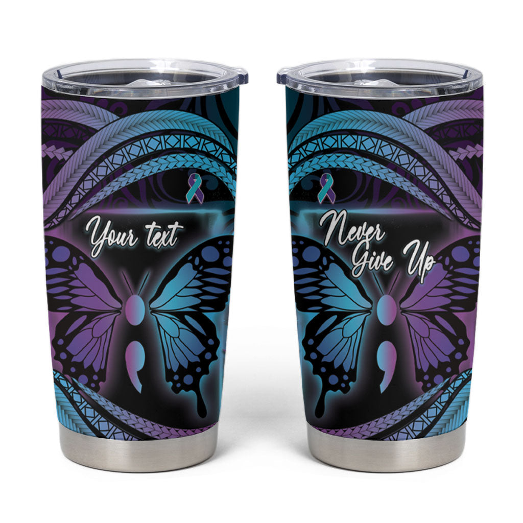 Personalised Polynesia Suicide Prevention Month Tumbler Cup Semicolon Butterfly Never Give Up Polynesian Pattern