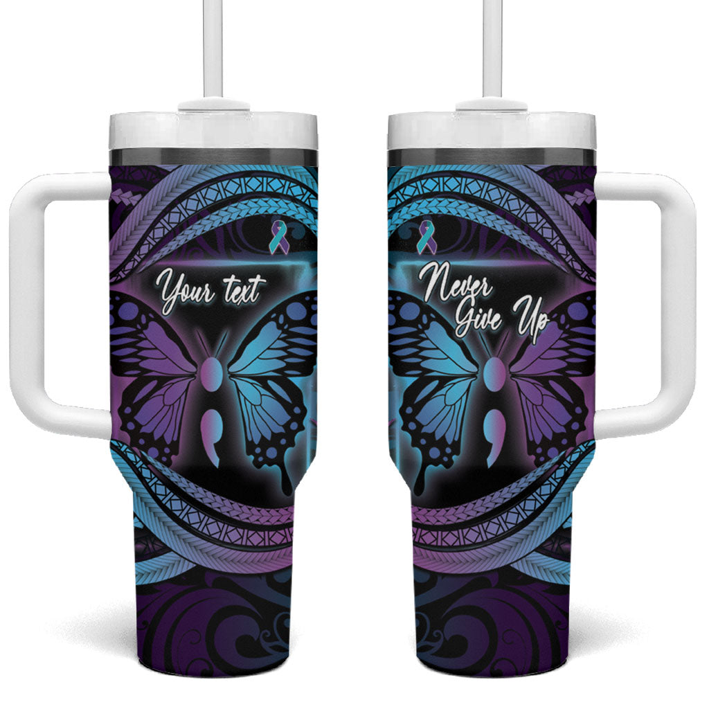 Personalised Polynesia Suicide Prevention Month Tumbler With Handle Semicolon Butterfly Never Give Up Polynesian Pattern