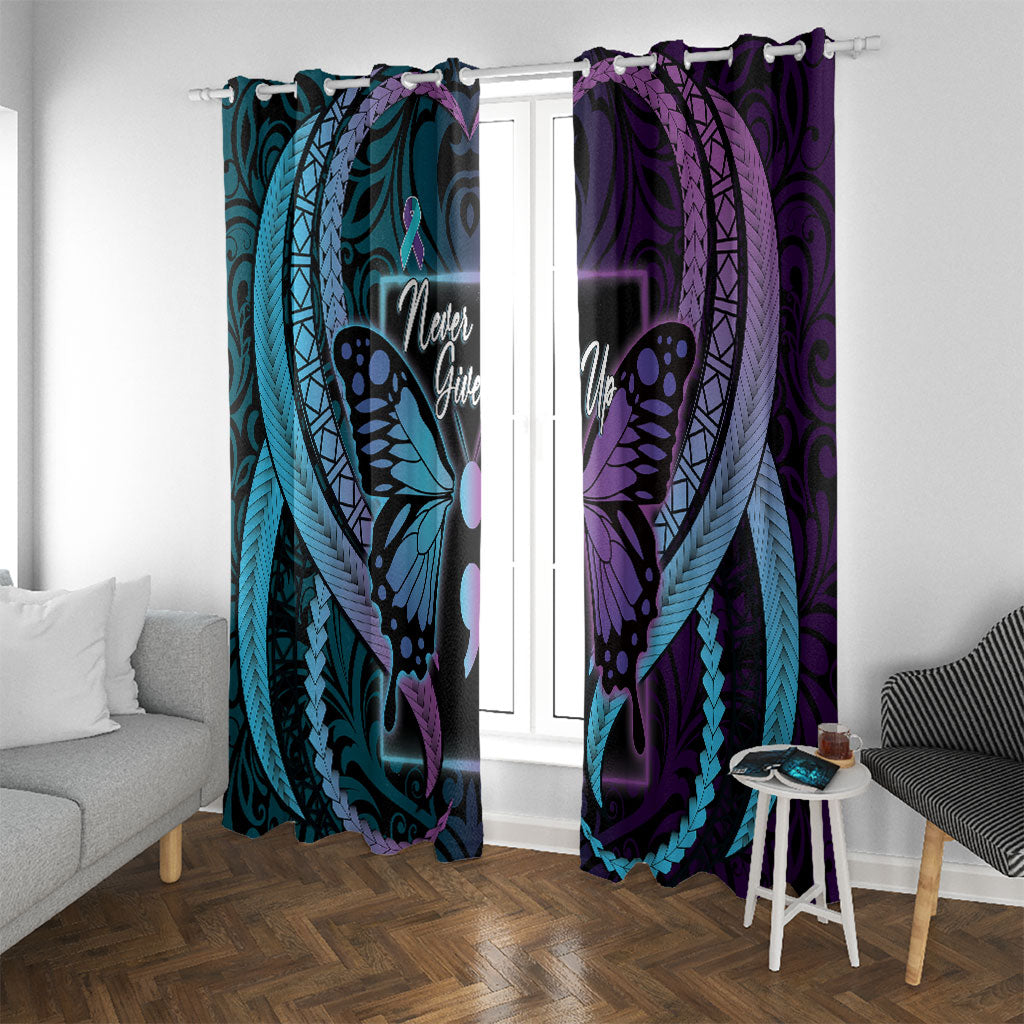 Polynesia Suicide Prevention Month Window Curtain Semicolon Butterfly Never Give Up Polynesian Pattern LT22 With Grommets Teal - Polynesian Pride