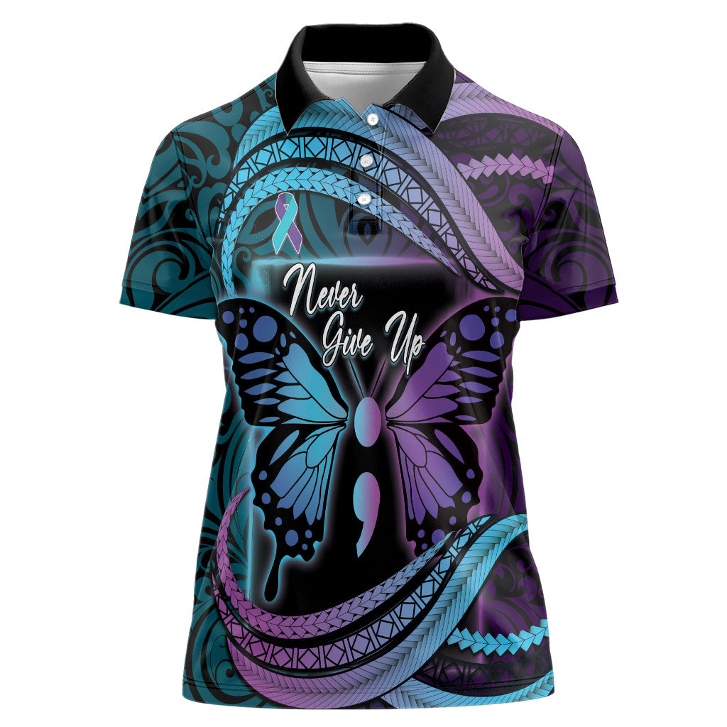 Personalised Polynesia Suicide Prevention Month Women Polo Shirt Semicolon Butterfly Never Give Up Polynesian Pattern