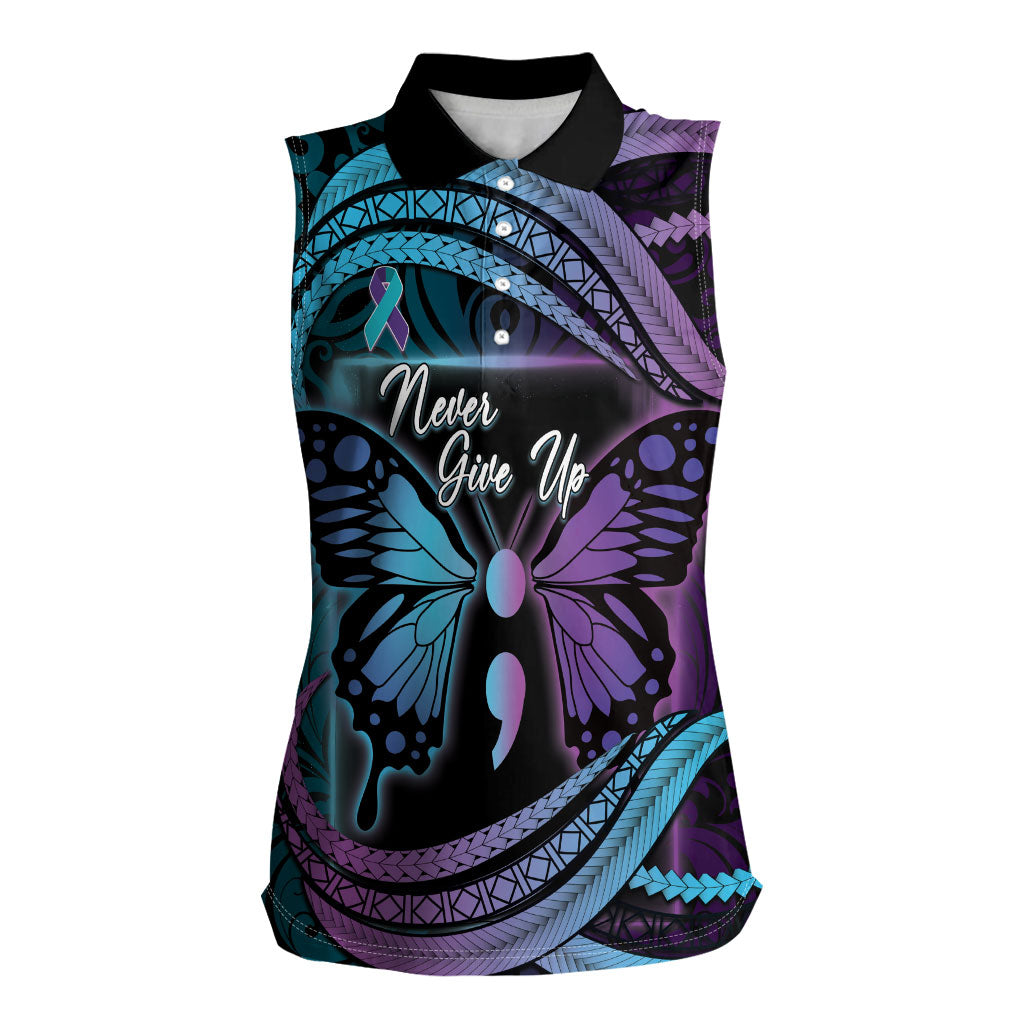 Personalised Polynesia Suicide Prevention Month Women Sleeveless Polo Shirt Semicolon Butterfly Never Give Up Polynesian Pattern