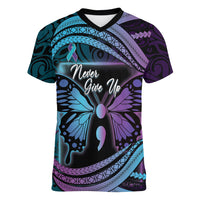 Personalised Polynesia Suicide Prevention Month Women V-Neck T-Shirt Semicolon Butterfly Never Give Up Polynesian Pattern LT22 Female Teal - Polynesian Pride
