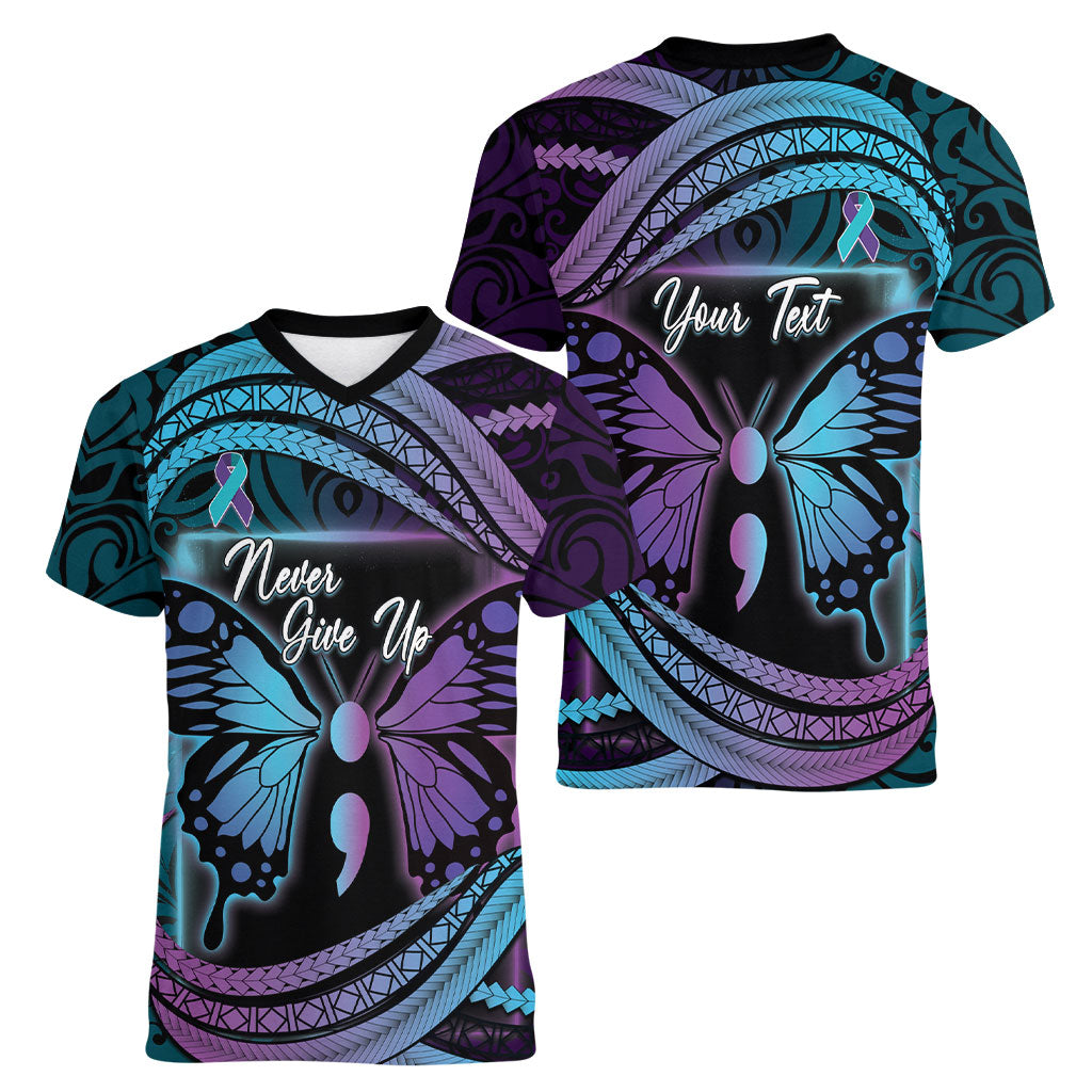 Personalised Polynesia Suicide Prevention Month Women V-Neck T-Shirt Semicolon Butterfly Never Give Up Polynesian Pattern LT22 - Polynesian Pride