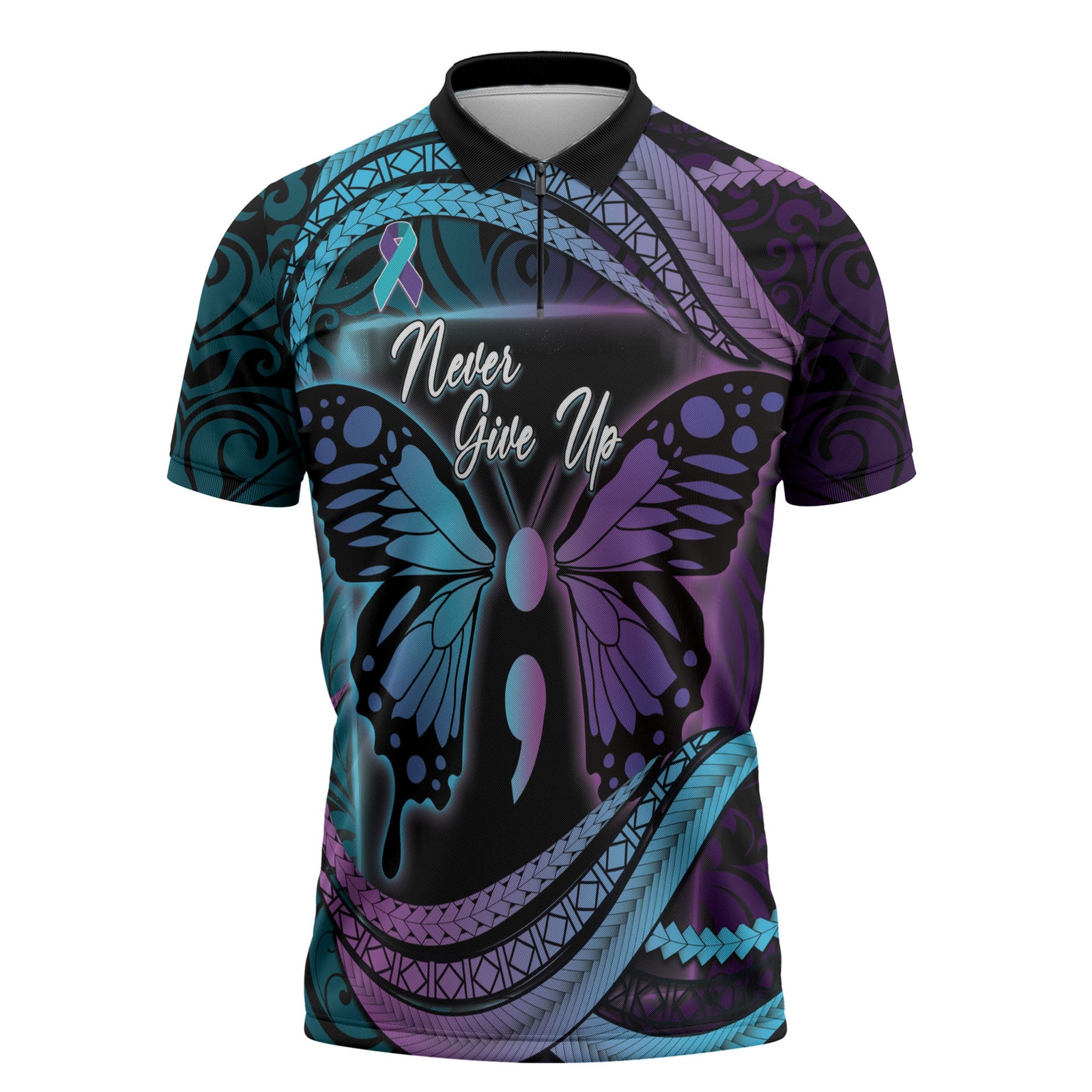 Personalised Polynesia Suicide Prevention Month Zipper Polo Shirt Semicolon Butterfly Never Give Up Polynesian Pattern