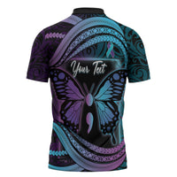 Personalised Polynesia Suicide Prevention Month Zipper Polo Shirt Semicolon Butterfly Never Give Up Polynesian Pattern LT22 - Polynesian Pride