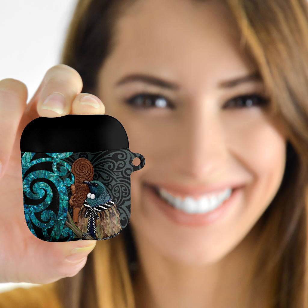 New Zealand Tui Bird Wahaika AirPods Case Maori Weapon Paua Shell Koru Pattern LT22 - Polynesian Pride