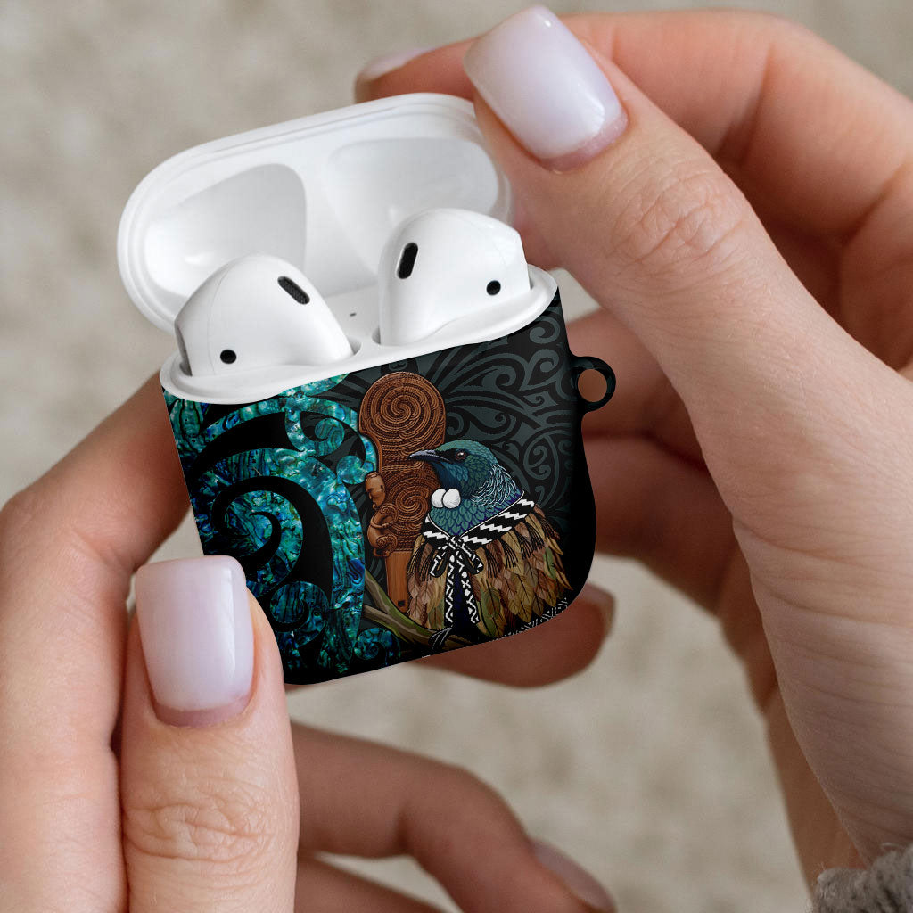 New Zealand Tui Bird Wahaika AirPods Case Maori Weapon Paua Shell Koru Pattern LT22 - Polynesian Pride