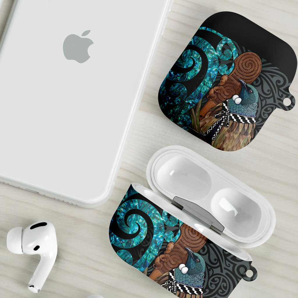 New Zealand Tui Bird Wahaika AirPods Case Maori Weapon Paua Shell Koru Pattern LT22 - Polynesian Pride