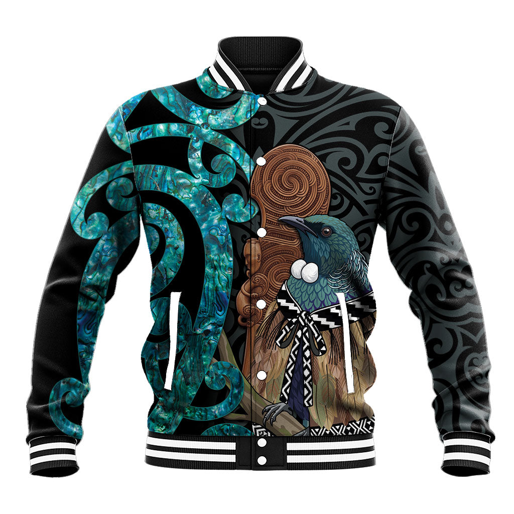 New Zealand Tui Bird Wahaika Baseball Jacket Maori Weapon Paua Shell Koru Pattern LT22 Unisex Black - Polynesian Pride