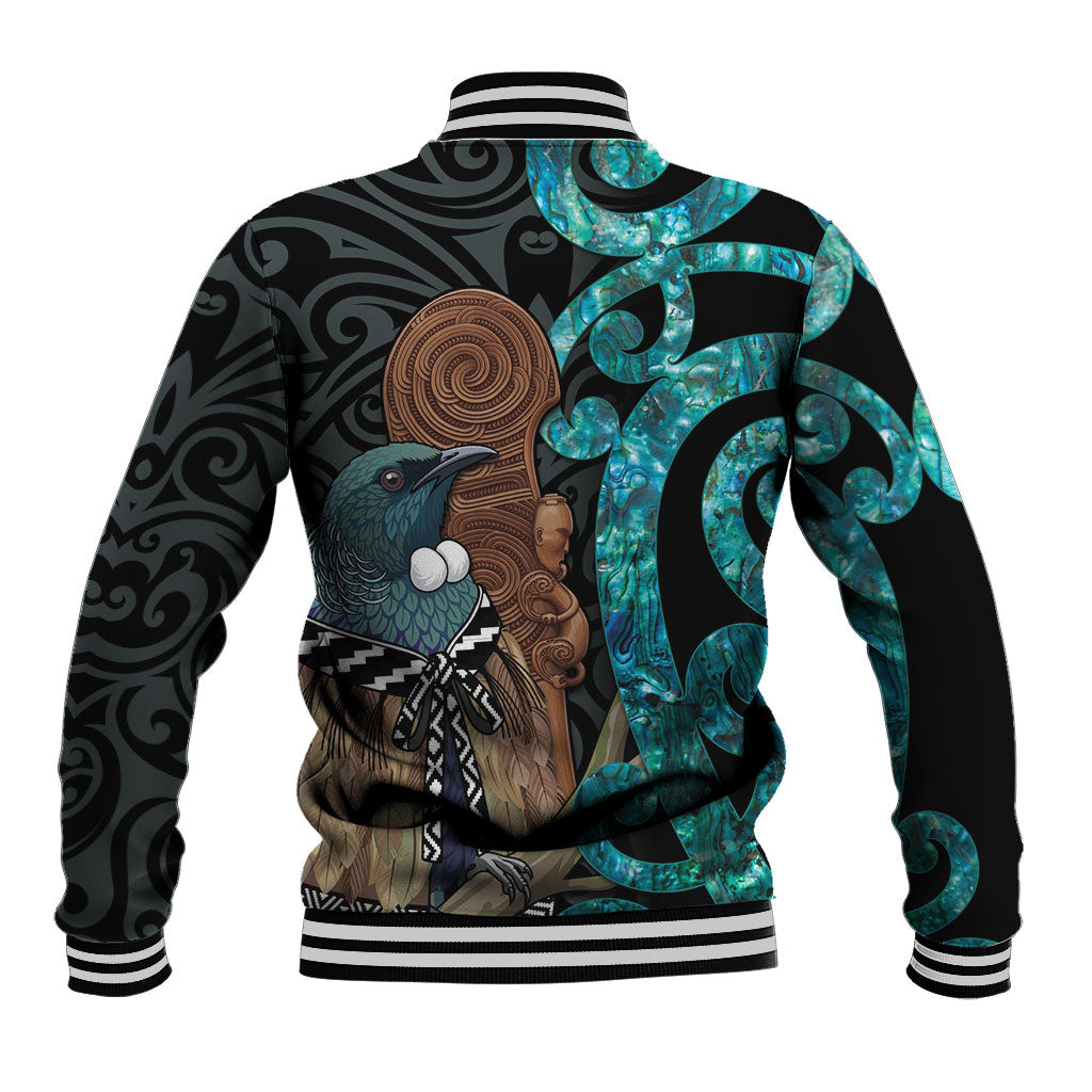 New Zealand Tui Bird Wahaika Baseball Jacket Maori Weapon Paua Shell Koru Pattern LT22 - Polynesian Pride
