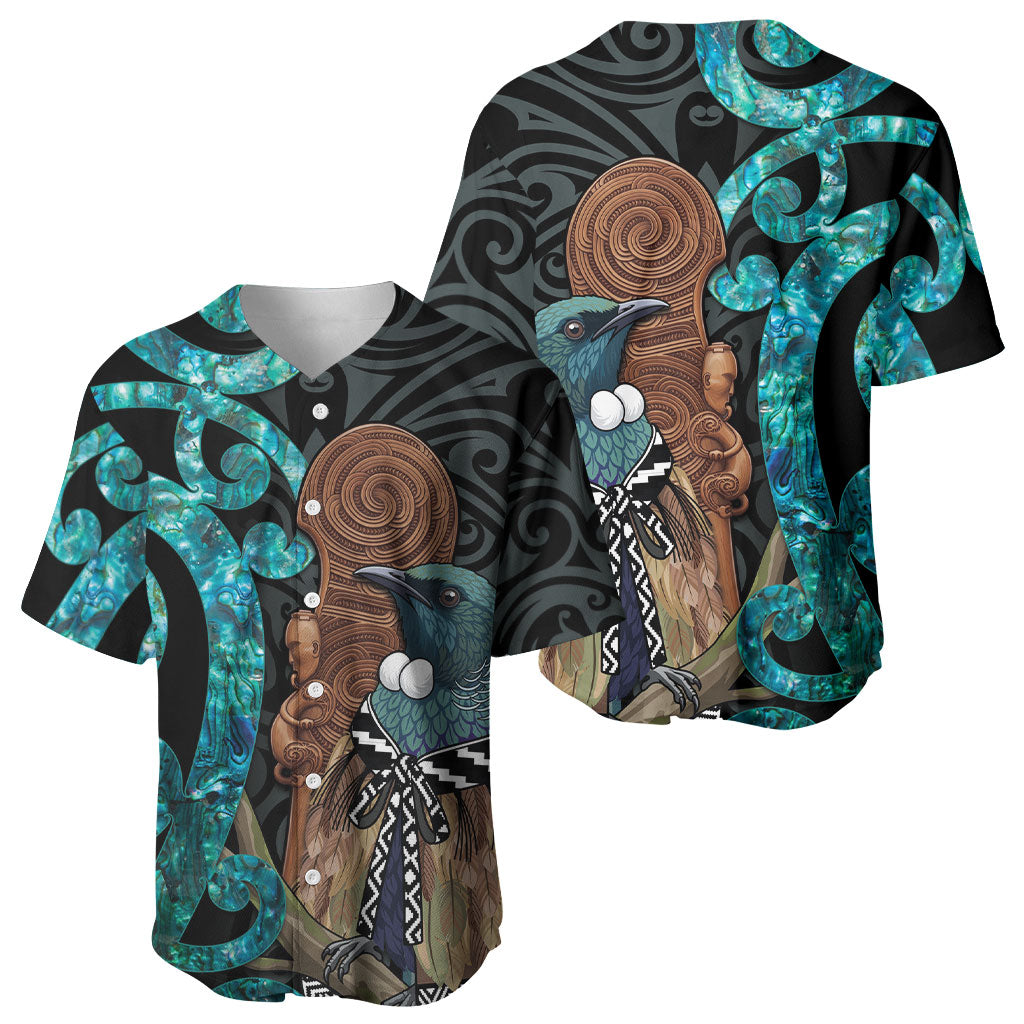 New Zealand Tui Bird Wahaika Baseball Jersey Maori Weapon Paua Shell Koru Pattern LT22 - Polynesian Pride