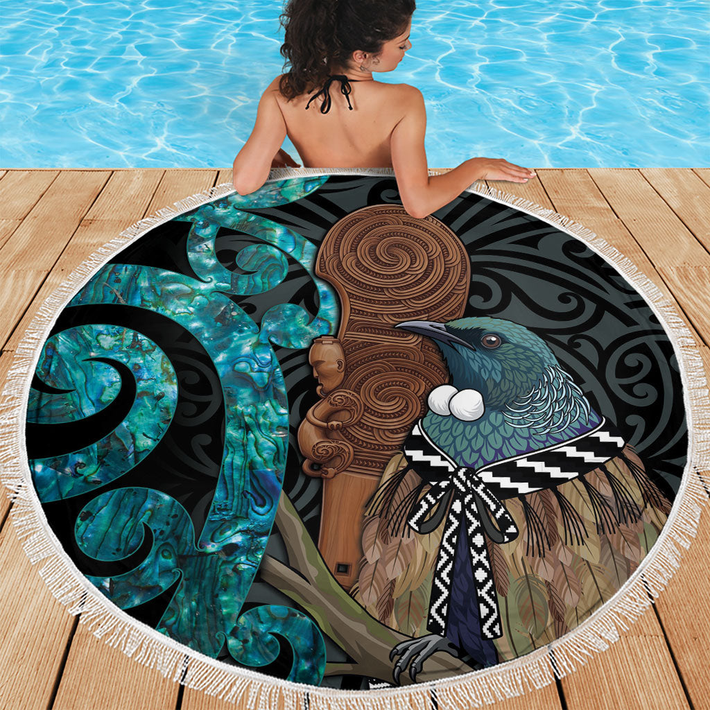 New Zealand Tui Bird Wahaika Beach Blanket Maori Weapon Paua Shell Koru Pattern LT22 - Polynesian Pride