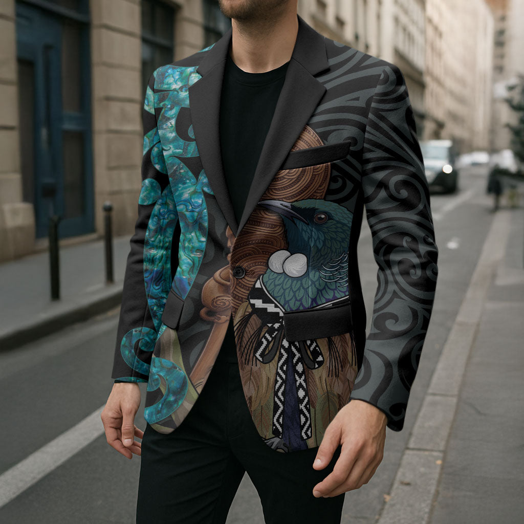 New Zealand Tui Bird Wahaika Blazer Maori Weapon Paua Shell Koru Pattern LT22 - Polynesian Pride