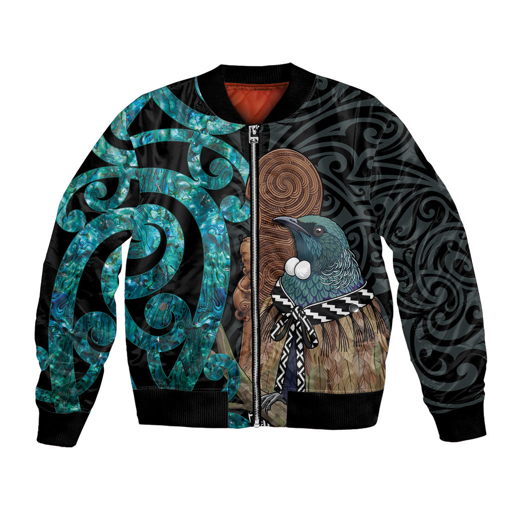New Zealand Tui Bird Wahaika Bomber Jacket Maori Weapon Paua Shell Koru Pattern LT22 Unisex Black - Polynesian Pride
