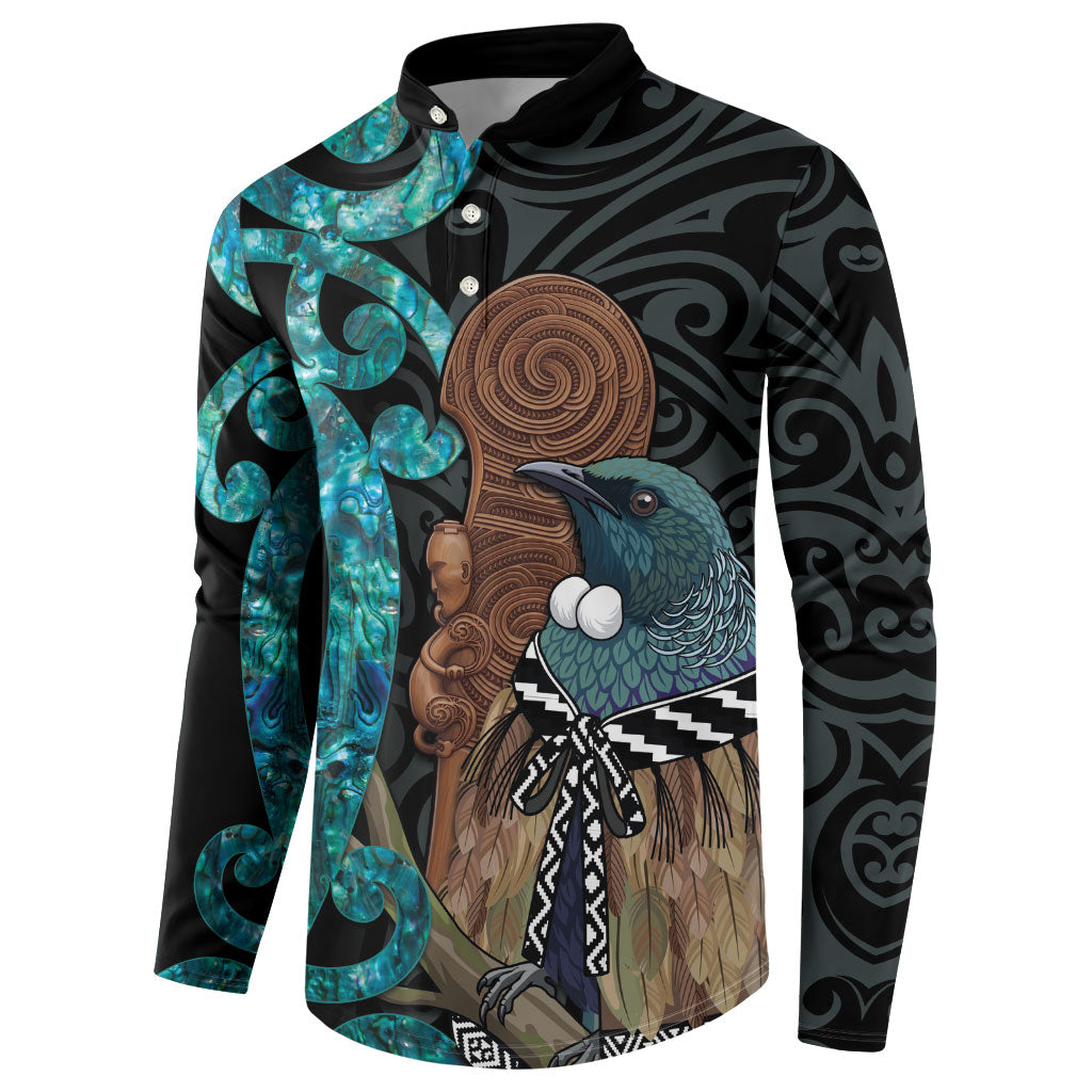 New Zealand Tui Bird Wahaika Button Sweatshirt Maori Weapon Paua Shell Koru Pattern LT22 - Polynesian Pride