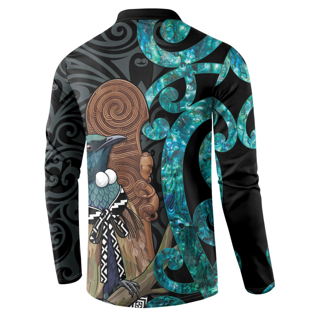 New Zealand Tui Bird Wahaika Button Sweatshirt Maori Weapon Paua Shell Koru Pattern LT22 - Polynesian Pride