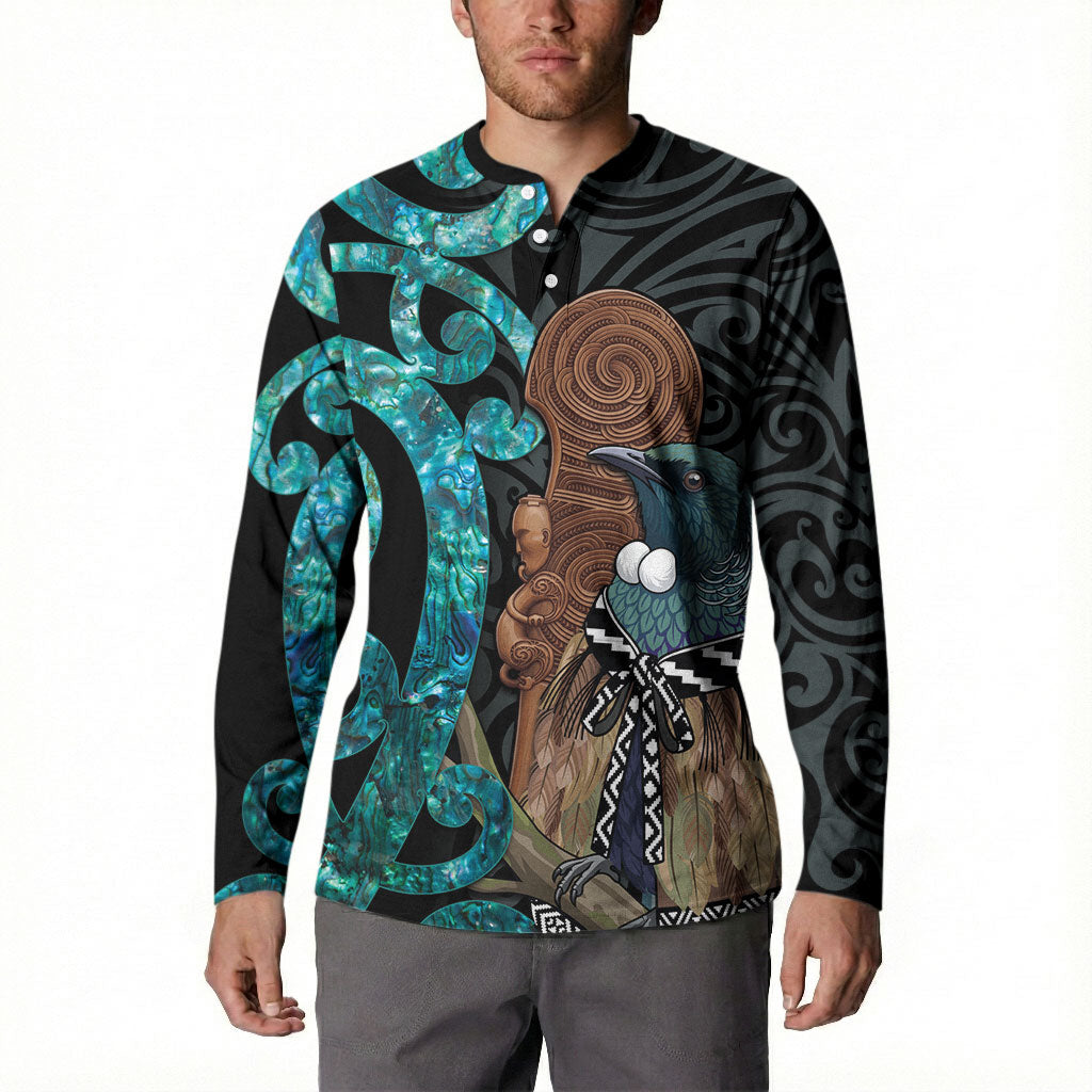 New Zealand Tui Bird Wahaika Button Sweatshirt Maori Weapon Paua Shell Koru Pattern LT22 - Polynesian Pride