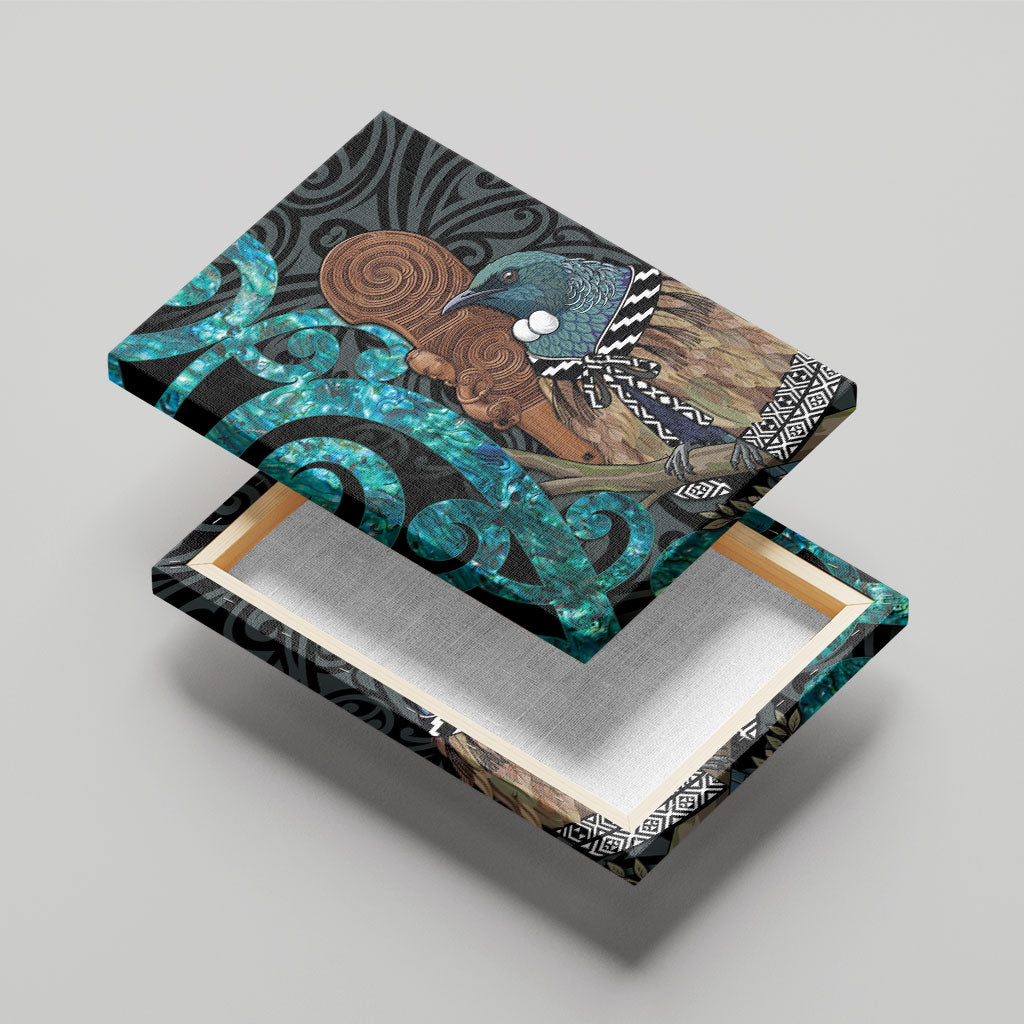 New Zealand Tui Bird Wahaika Canvas Wall Art Maori Weapon Paua Shell Koru Pattern LT22 - Polynesian Pride