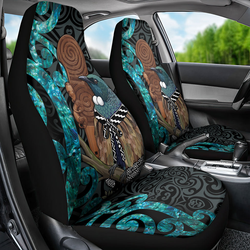 New Zealand Tui Bird Wahaika Car Seat Cover Maori Weapon Paua Shell Koru Pattern LT22 - Polynesian Pride