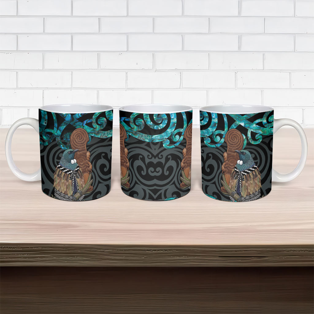 New Zealand Tui Bird Wahaika Ceramic Mug Maori Weapon Paua Shell Koru Pattern LT22 - Polynesian Pride